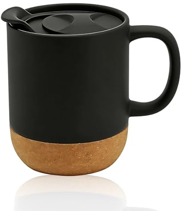Eidoct Travel Ceramic Cup with Handle, Ceramic Coffee Mug 400ML | Removable Lockable Lid with Sliding Sip Hole, Heatproof Cork Base Design, Travel Coffee Mug (Black)