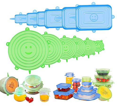 Tapas de Silicona Elásticas, 12 Tapas Rectangulares & Redondas Ajustables Silicona Cocina, Reutilizable Fundas para Alimentos Tapa Tazas, Boles, Lavavajillas, Refrigerador, Microondas, Horno