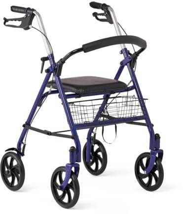 Medline Steel Rollator Walker with Seat, Blue, 300 lb. Weight Capacity, 8” Wheels, Foldable, Adjustable Handles, Rollator Walker for Seniors, Rolling Walker for Mobility Impairment