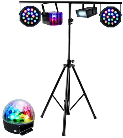 BOO - PACK DE 5 EFFETS JEUX DE LUMIERE COMPACTS à LED + PORTIQUE ROBUSTE REGLABLE EN HAUTEUR idéal soirée ambiance bar club disco fiesta