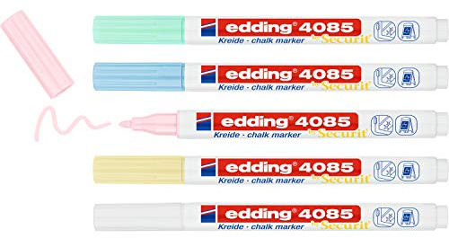 edding 4085 kolmarker - gul grön rosa blå (pastell) - 5 kolpennor - rund spets 1–2 mm – vattenlöslig penna med tunn spets för krittalvor, fönster, glas, speglar – flytande kolmärkpennor, opak täckning