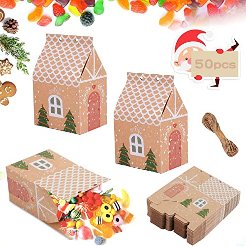 JOKILY 50 Stück Weihnachten Kraftpapier, Geschenkbox klein für Weihnachten Party, weihnachten Mitbringsel Taschen, Kraftpapier Süßigkeiten-Box, DIY Partyboxen für Geburtstagsfeierzubehör