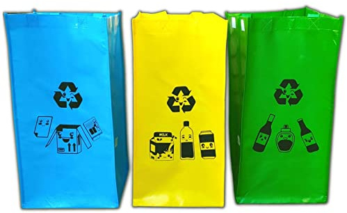 Bolsas de reciclaje con colores y dibujos Kawaii - Refuerzo para usar como 3 cubos de basura ecológicos en casa y reciclar plástico, vidrio, papel y cartón - De la cocina al contenedor o papelera
