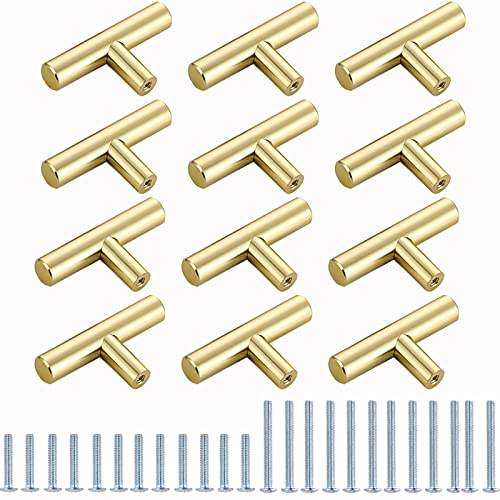 Dörrknoppar, set med 12 köksmöbelhandtag, T-bar monohole handtag, vintage möbelhandtag, för byrå, garderob, möbler, garderobsdörr, med diverse skruvar - 50 x 32 MM-borstad guld