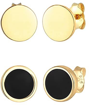 Kuzzoi Herren-Ohrringe Ohrstecker Set Rund (8 mm) vergoldet, Herren Stecker mit Emaille schwarz aus 925 Sterling Silber, Goldenes Ohrring-Set für Männer, 0305151722