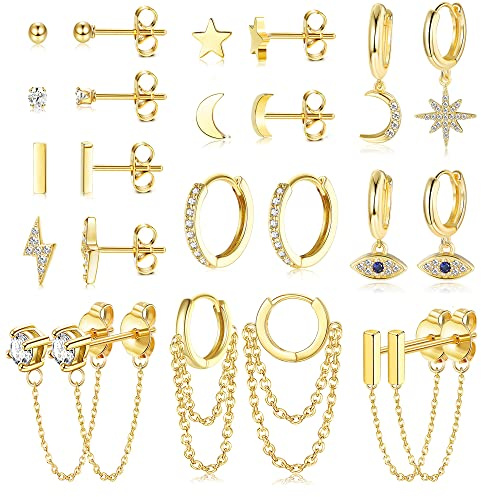 JeweBella 12Pairs Dangle Hoop Earrings for Women Stainless Steel Mini Star Moon Hanging Hoop Earrings Hypoallergenic Gold Chain Hoop Earring Set Zircon Bar Studs Earrings Gold/Silver