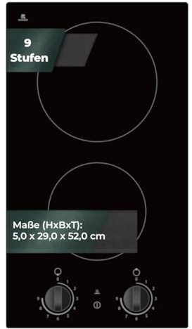YUNA Glaskeramik-Doppelkochplatte Calor EBK2 DK | 9 Leistungsstufen | 2900 W | Restwärmeanzeige | Schukostecker | Geringe Einbautiefe: 5cm | Rahmenlos
