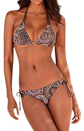 Triangel Bikini Damen Set Ethnic Style - Neckholder Bikini Damen Sexy Zweiteilig Badeanzug Vintage Blumenmuster Bikinioberteile Thong Bikinislip Bademode Badeanzüge Bikini-Sets für Damen
