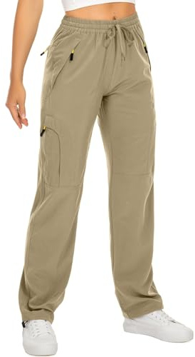 mosingle Women's Walking Trousers Hiking Cargo Pants Lightweight Quick Dry Water Resistant Travel Safari Outdoor Work Trousers Zipper Pockets #6608-Khaki-M