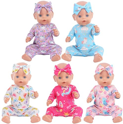 5 Sets Verschiedene Gedruckte Design Mode Baby Puppe Kleidung Strampler mit Stirnband für 43cm / 17 Zoll Neugeborene Babypuppen (Keine Puppe)