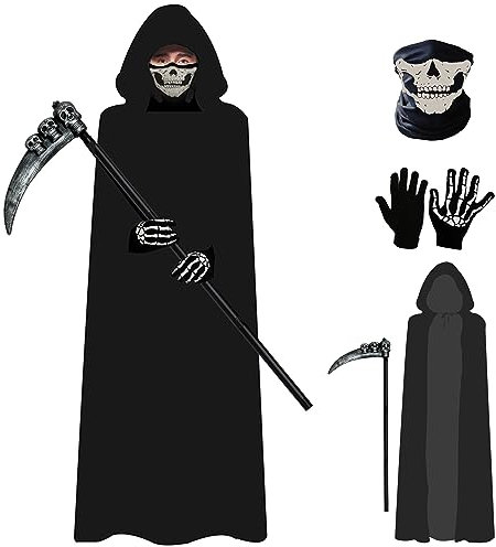 A-SZCXTOP Sensenmann-Kostüm Set,Halloween-Umhänge,Cosplay-Kostüm für Erwachsene,Inklusive Robe & Todessense & Maske & Handschuhen