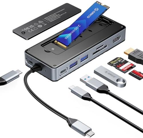 ORICO 8-in-1 USB C Docking Station mit M.2 SSD Gehäuse, USB C Hub mit M.2 NVMe/SATA SSD, 10Gbps, 4K@60Hz HDMI, 100W PD, SD/TF Kartenleser,15cm Kabellänge,Hub mit MacBook HP Dell iPad Pro -OM28P