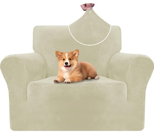 CYCMACO Samt Sofa Überzug 1 Sitzer, Sesselhusse Elastische, Couch Überzug Haustier Katze Hunde, Universal Sofa Cover Moderne, Sofahusse Mit Armlehnen, Sofaschoner rutschfest, Beige