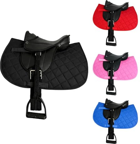 Brama West Kinder Shetty Sattel Set „My Happy Pony“ | Sattel für Shetty Pony Holzpferd Plüschpferd | mit Satteldecke, Sattelgurt, Steigbügel & Steigbügelriemen | Zweifarbig (Schwarz)
