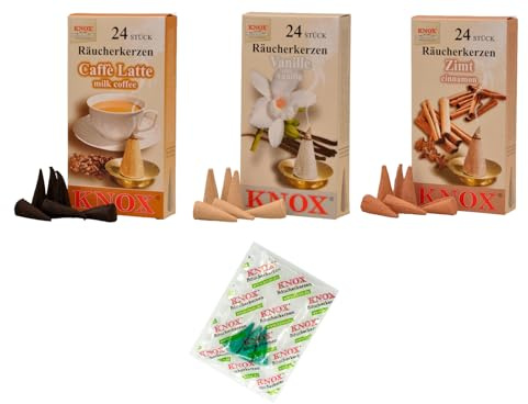 KNOX Conos de incienso – Juego de 3 conos de vainilla con canela – Aromas: Caffe Latte, vainilla, canela – Cantidad: 72 Incluye 3 conos de incienso como muestras de aroma brisa marina – Fabricado en