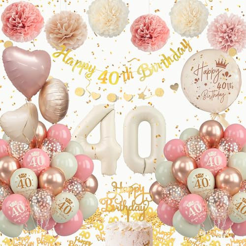 40 Geburtstag Dekoration Frauen, 52PCS Rosa Gold Deko 40. Geburtstag mit Luftballons 40, Happy 40th Birthday Banner, Konfetti Seidenpapier Pompons Ballons für 40 Deko