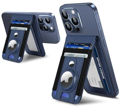 For Magsafe Wallet Stand with Airtag Holder, Strongest Magnetic Phone Wallet for iPhone 17/16/15/14/13/12 Series, ID Window, 4 Card Slots, 10 Cards Holder, Vegan Leather, RFID Blocking, Navy Blue