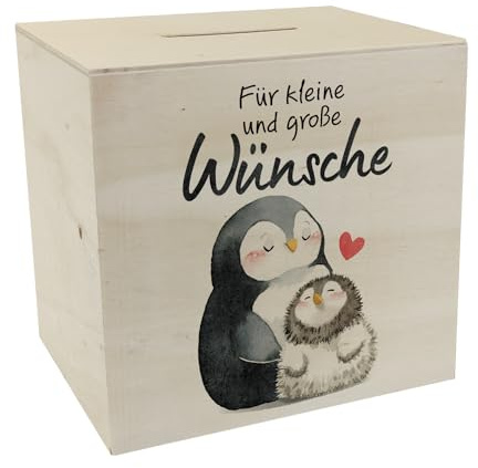 Pinguin Mutter und Kind Spardose aus Holz mit Spruch Für kleine und große Wünsche Liebevoll Sparen für Sohn Tochter Familienherz Taschengeld-Liebe