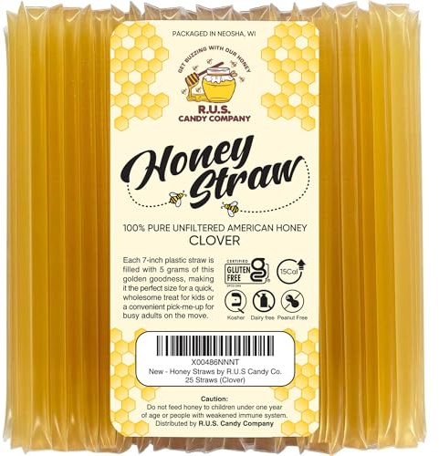 25 Pack Honey Sticks For Tea, Snacking, Honey Straws Packets Single Serve Stir Sticks, Natural Flavor by R.U.S Candy Company- (Clover)