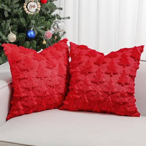 Lewondr Weihnachten Kissenbezug 45x45 cm, Satz von 2 Kunstpelz Kissenbezüge Samt Weihnachtsbaum Stickerei Dekorative Kissenbezug für Wohnzimmer Bett Couch Sofa Auto Home Decor, Rot