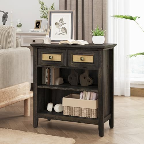 FansaFurn Rattan-Aufbewahrungsschränke, Akzent-Boho-Aufbewahrungsschrank mit 2 Schubladen und 2 offenen Regalen, moderner Holzschrank für Eingang, Eingangshalle, Flur, Wohnzimmer, Kaffee