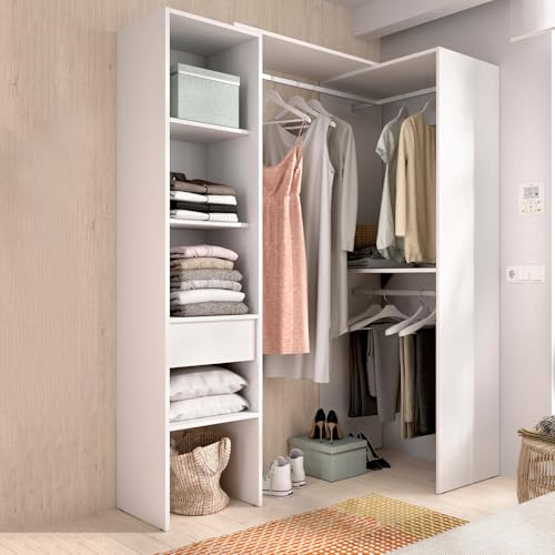 Dmora - Guardaroba grande Biaina, Mobile camera da letto, Cabina armadio portabiti, Armadio appendiabiti aperto ad angolo, 98x42 h187 cm, Bianco