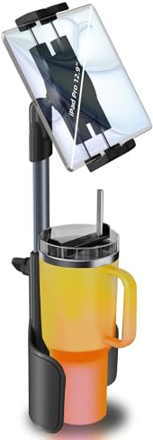 3 in 1 Tablet Holder for Car Bottle, 360°Rotatable & Aluminum Telescopic Arm Sturdy Rod Cup Holder Tablet Mount for iPad Pro 12.9/11/10.5/9.7/Air/Mini 6/5/4, iPhone 17/16/Pro, 4.7-12.9 Tab & Phone
