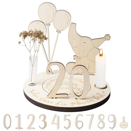 WIYETY 1 Satz Geburtstagsteller aus Holz, Personalisierter Geburtstagskranz, mit Zahlen 0-9, Kerzenhalter, Luftballons, Elefanten, Getrocknete Blumen, Geburtstagsdeko für Geschenk(Deutsch)