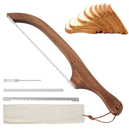 Zymuegist Bread Bow Cutter, 40cm Bread Bow Saw Knife with Replacement Blades, Bread Knife for Homemade Bread, Sourdough Bagel Baguettes Cake Fruit (Brown)