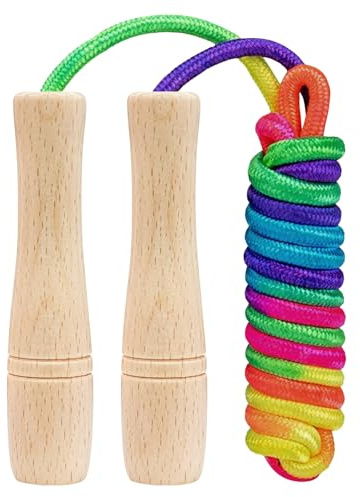 Flintronic Springseil Kinder Set, 1Pcs Verstellbare Seilspringen mit Holzgriff und Regenbogen-Springseile für Männer Frauen Fitness Training Spiel,Knochenentwicklung zu fördern, 250cm