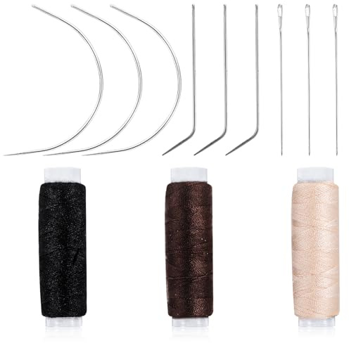Juego de 12 agujas e hilo para tejer el pelo, herramientas profesionales para extensiones de cabello, agujas curvas, hilo negro para hacer una peluca