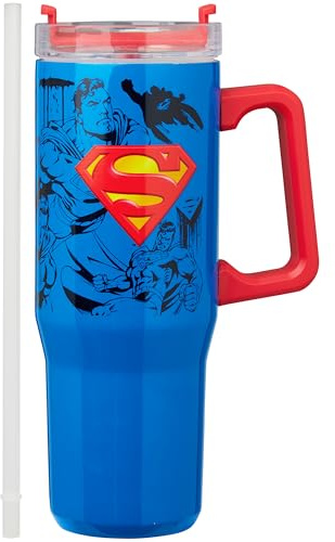 Get Trend Superman Mug Isotherme avec Paille et Anse 940ml, Tasse Thermos Double Paroi Inox, Gobelet de Voyage Chaud & Froid (Bleu Superman)