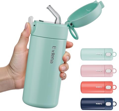 Exllena 300ml Small Water Bottle with One-Touch Soft Straw Lid, Double-Wall Vacuum Insulated Small Flask for Hot&Cold Drinks–Leak-Proof, Mini Water Bottle for Handbag, Yoga, Sport(Mint)
