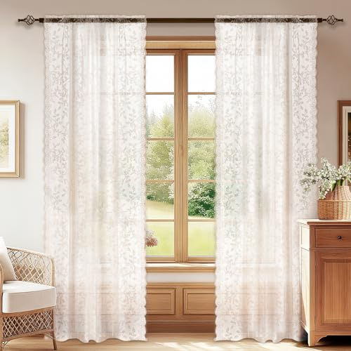 YSTELLAA Tende Per Interni Semitrasparente 2 Pezzi, 70x240cm, Tende Classiche In Pizzo, Curtains Voile Con Tasca, Leggere Morbida Per Camera Da Letto E Per Salotto, Bianco