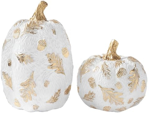 DN DECONATION Herbstdeko Kürbis 2er Set – Weiß Gold Deko Kürbisse aus Kunstharz, Zierkürbisse Dekoration mit Struktur & goldenen Details für Tisch, Eingang & Wohnzimmer zu Thanksgiving Erntedank