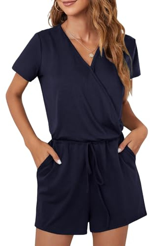 CLOUSPO Women Ladies Playsuit Jumpsuits Dungarees for Women Summer V Neck Casual Short Mini Rompers Playsuit with Pockets