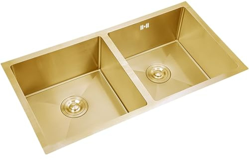 FDTMGW - Fregadero de cocina de doble tazón, acero inoxidable 304 con escurridores dorados, elegante fregadero de lavandería de 80 x 45 x 22 cm, acabado dorado duradero y elegante