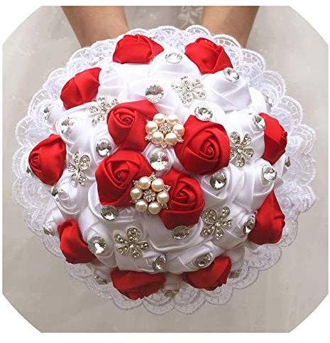 Bouquet Da Sposa Romantico Fatto A Mano, Bouquet Da Sposa Artificiale, 1 Pezzo Di Rose Bianche E Rosse, Spille In Pizzo, Diamanti, Bouquet Da Sposa Con Punto Croce, Bouquet Da Sposa Con Fermaglio