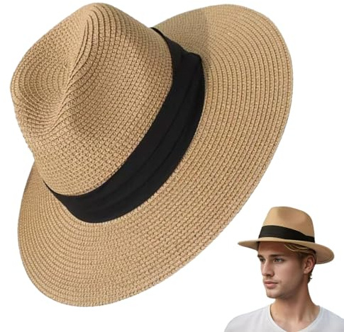 JUGUTA Mujeres Sombrero De Panamá Sombreros De Paja Sombrero De Verano Plegable De Playa Fedora De ala Ancha De Paja UPF 50+ para Viaje Vacaciones, Caqui