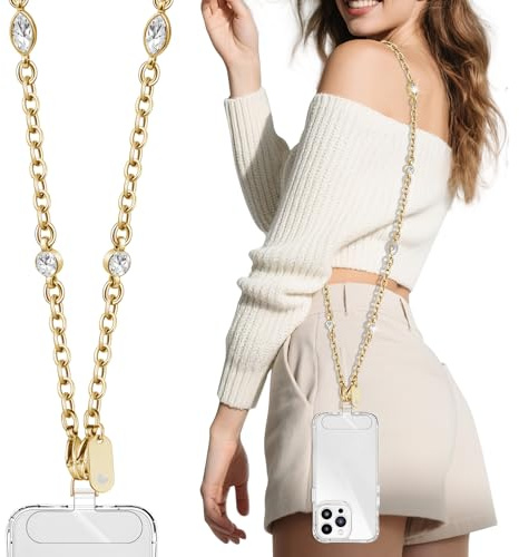 ROCONTRIP Metal Phone Chain Strap Crossbody Mobile Phone Lanyard with 2 TPU Tether Tabs, iPhone Chain Crossbody for Women Girls Neck Strap for iPhone(Champagne Gold)