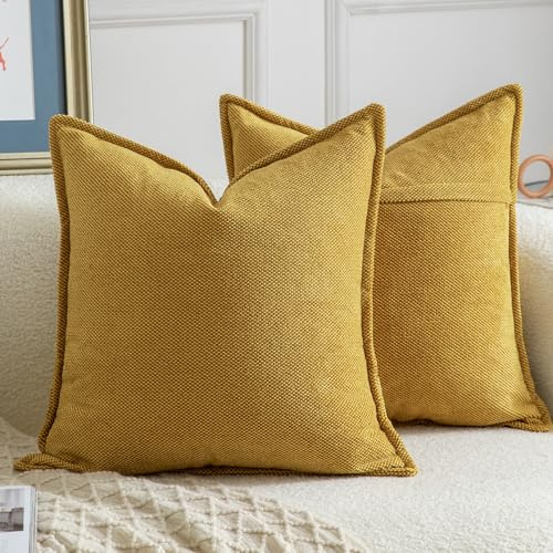 Madizz 2er Set Chenille Dekorativ Senfgelb Kissenbezüge Weiche neutrale Wurfkissen für Sofa Boho Akzent Zierkissenbezüge für Schlafzimmer Wohnzimmer Modernes Zuhause Dekor 60x60 cm