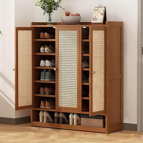 Rustikaler Rattanschrank Aus Eiche Mit Türen Und Verstellbaren Regalen - Verstecktes Sideboard Zur Schuhaufbewahrung, Brown, 35.4 * 12.6 * 42.1in
