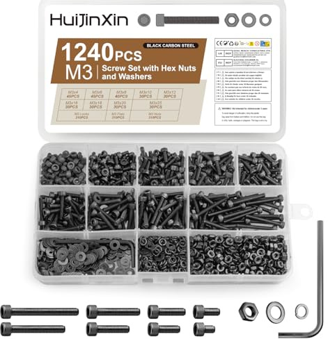 1240 Stück M3 Schrauben Set, Innensechskantschrauben Muttern Set, Zylinderschrauben mit Muttern mit Unterlegscheiben Sets, Schwarz Maschinenschrauben Sortiment, Gewindeschrauben Set (1240, M3)