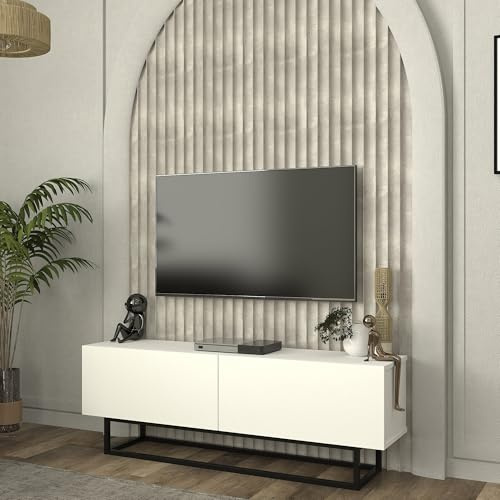 [en.casa] TV Schrank Nolven Lowboard mit 2 Türen Fernsehschrank kurzes Gestell aus Metall 135 x 32 x 47 cm Sideboard Kommode Fernsehtisch Weiß