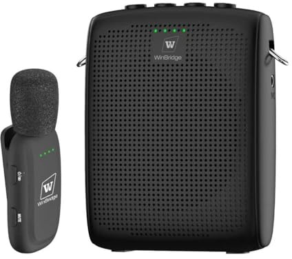 WinBridge Wireless Voice Amplifier for Teachers - Lapel Mic System Saves Your Voice | 15W Portable PA System with Bluetooth, 12H+ Battery, Auto-Pairing | No Headset, Ultra-Light 18.3g Clip Mic WB005N