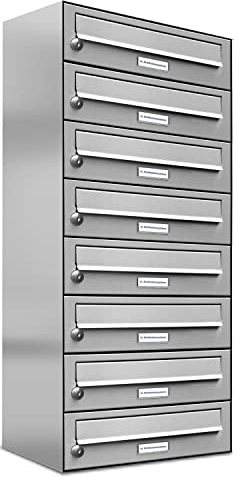 AL Briefkastensysteme 8er Briefkastenanlage Edelstahl, Premium Briefkasten DIN A4, 8 Fach Postkasten modern Aufputz