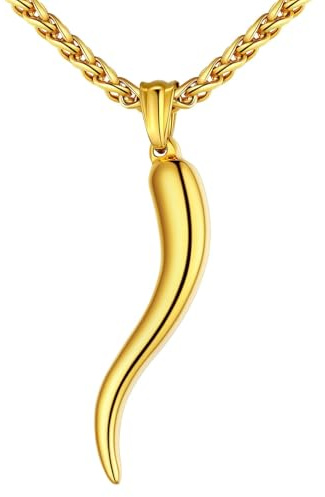 U7 Collana Uomo Corno Italiano Collna Ciondolo Cornicello Oro Portafortuna 51mm Collana Uomo Placcato Oro 18K Collana Corno Portafortuna con Catena 51cm+5cm Confezione Regalo