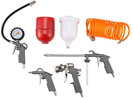 ORAZIO 5PCs Compressor Air Tool Kit with Quick Coupling, Air Paint Spray Gun + Tyre Inflator with Pressure Gauge + Long Nozzle Paraffin Sprayer + Blow-out Gun + 5M Spiral Air Hose