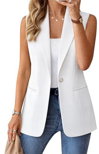 Kedera Womens Sleeveless Blazer Vest Spring Casual Open Front Lapel V Neck Office Waistcoat Long Vests White