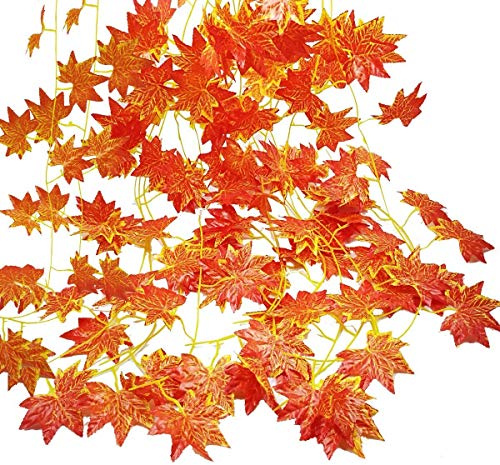 LANGING 12 Stränge Künstliche Ahornblätter Rot Ahorn Rebe Efeu Grüne Herbst Hängepflanze für Herbst Dekoration